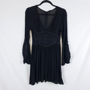 Volcom Babydoll Dress Womens M Black Gauze Y2K Beach Crochet Flowy Deep V